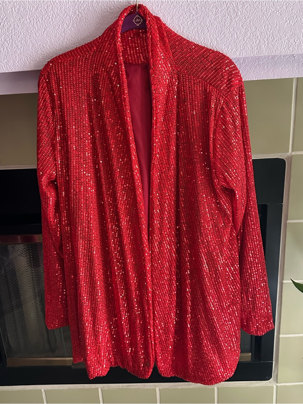 Red Sequin Open-Front Women's Sweater Jacket (XL)